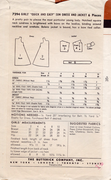 1950's Butterick Child's Sun Dress and Bolero Jacket Pattern  - Chest 21" - No. 7294