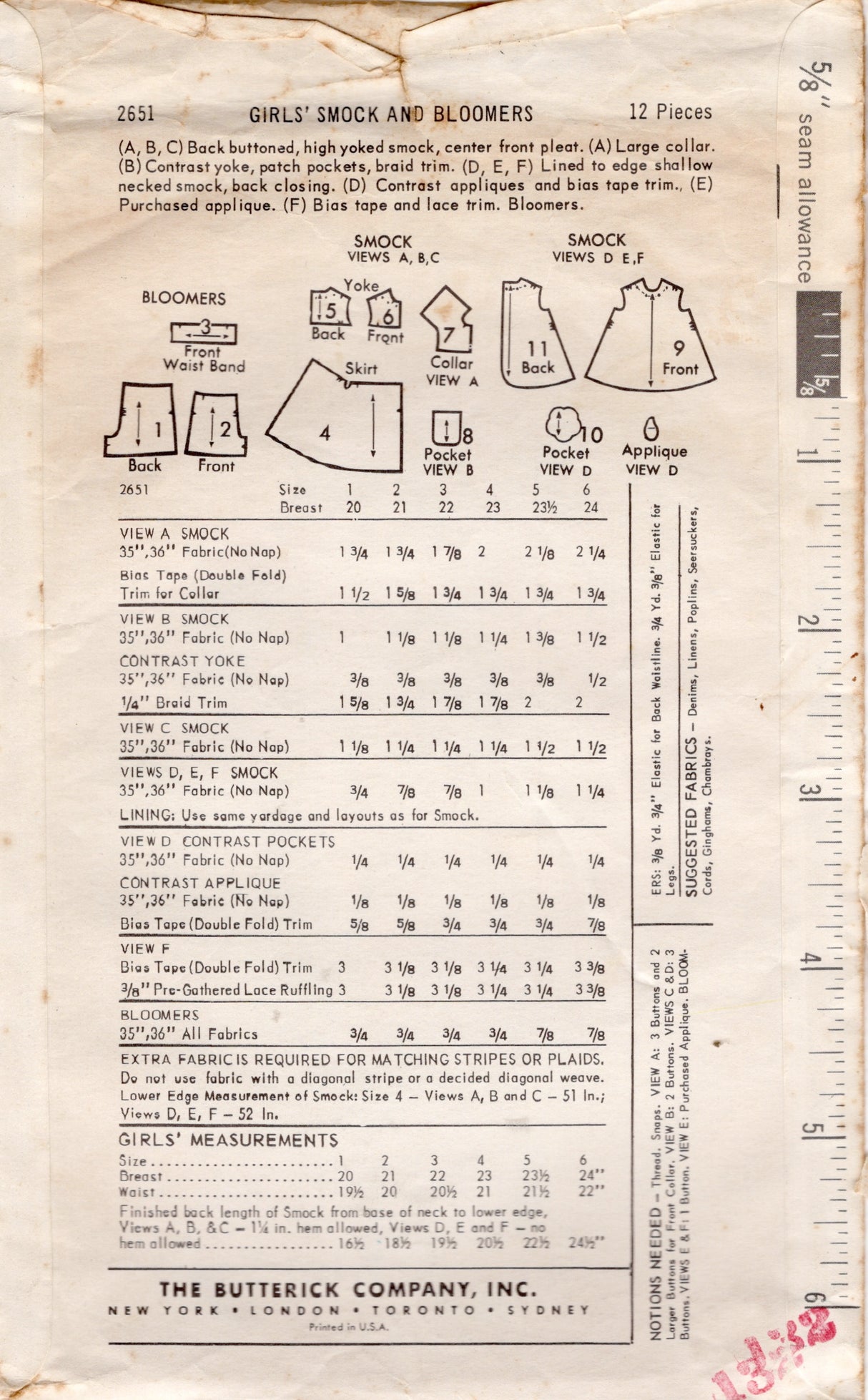 1960's Butterick Child's Back Buttoned Smock and Bloomers Pattern  - Chest 20" - No. 2651