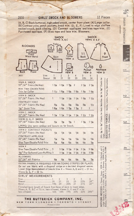 1960's Butterick Child's Back Buttoned Smock and Bloomers Pattern  - Chest 20" - No. 2651