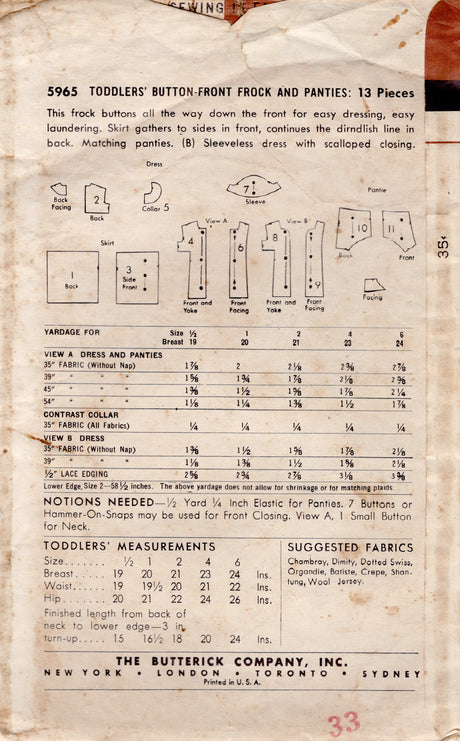 1950's Butterick Child's Front Buttoned Dress and Bloomers Pattern  - Chest 19" - No. 5965