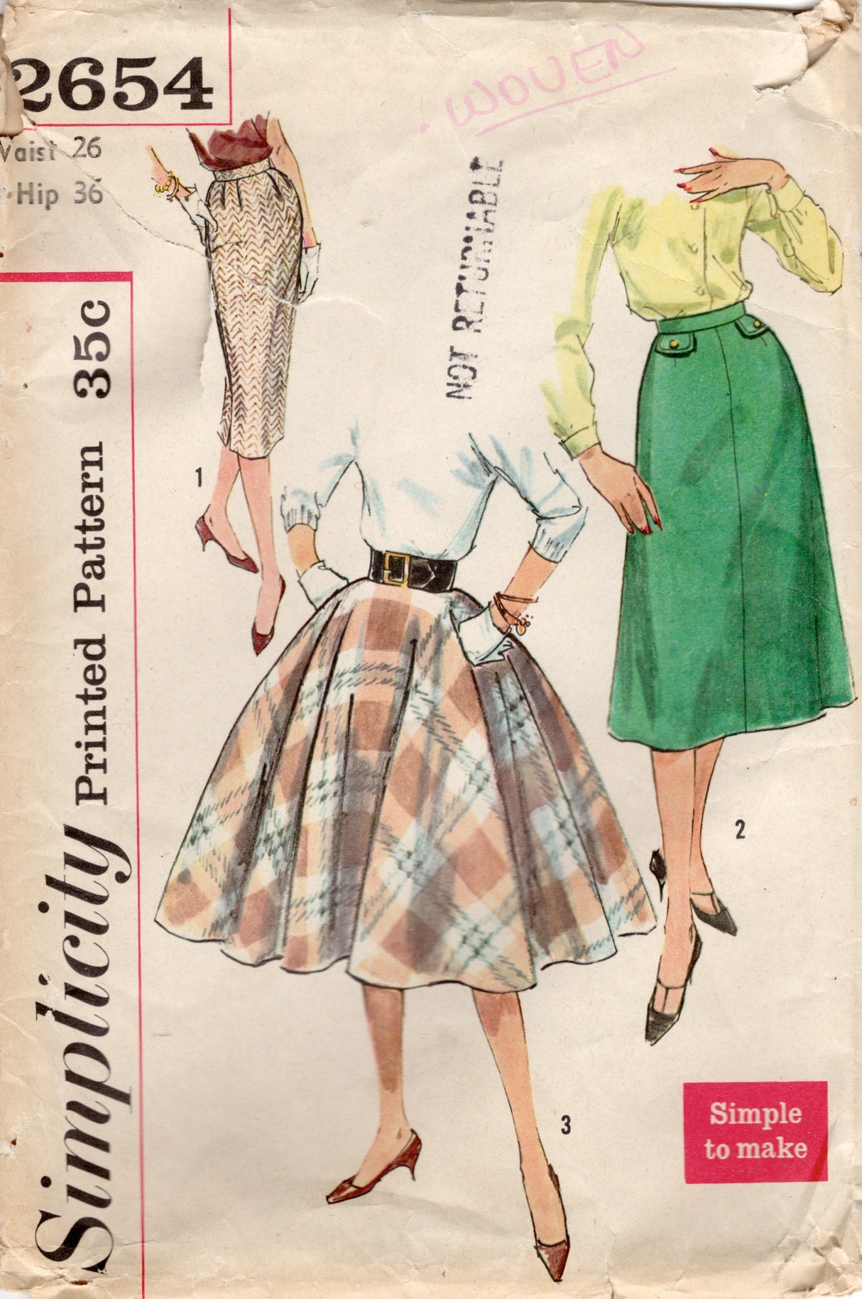 1950's Simplicity Circle, A-Line and Straight Skirt Pattern - Waist 26" - No. 2654