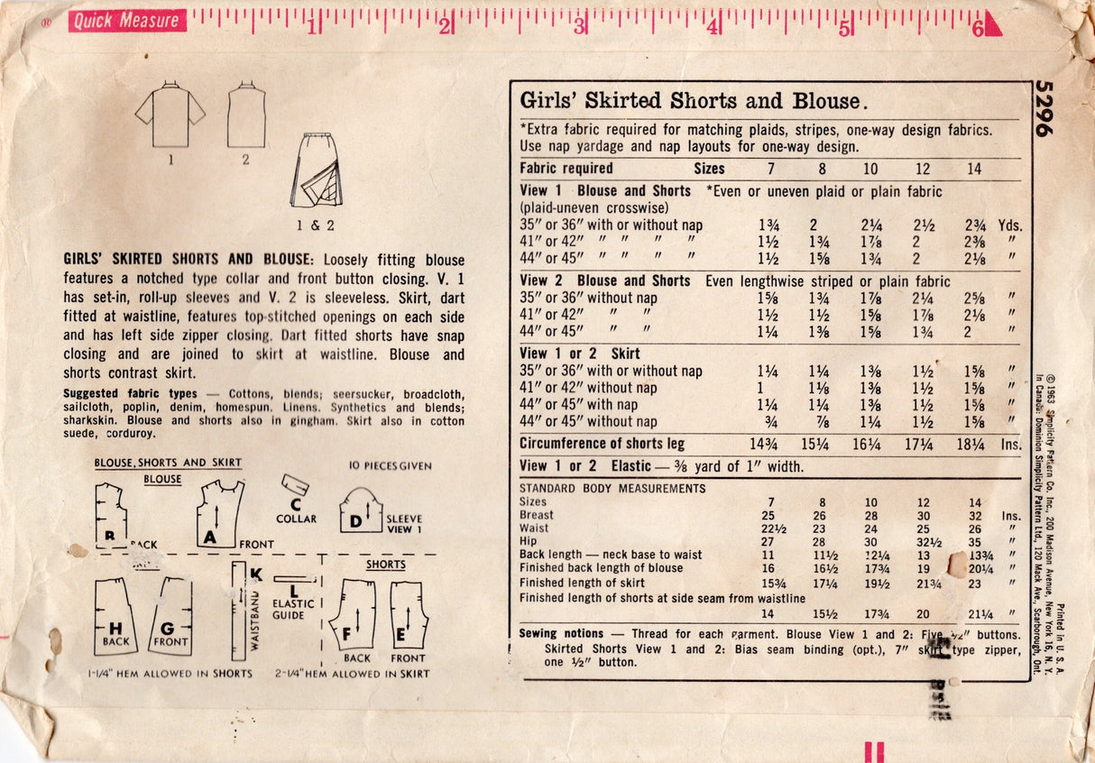 1960's Simplicity Child's Skirted Shorts and Blouse - Chest 30" - No. 5296