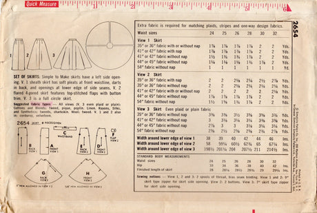 1950's Simplicity Circle, A-Line and Straight Skirt Pattern - Waist 26" - No. 2654