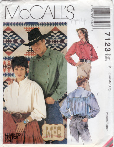 1990's McCall's Unisex Western Shirt Pattern with Button on Panel and Gathered Back - Chest 31.5-40