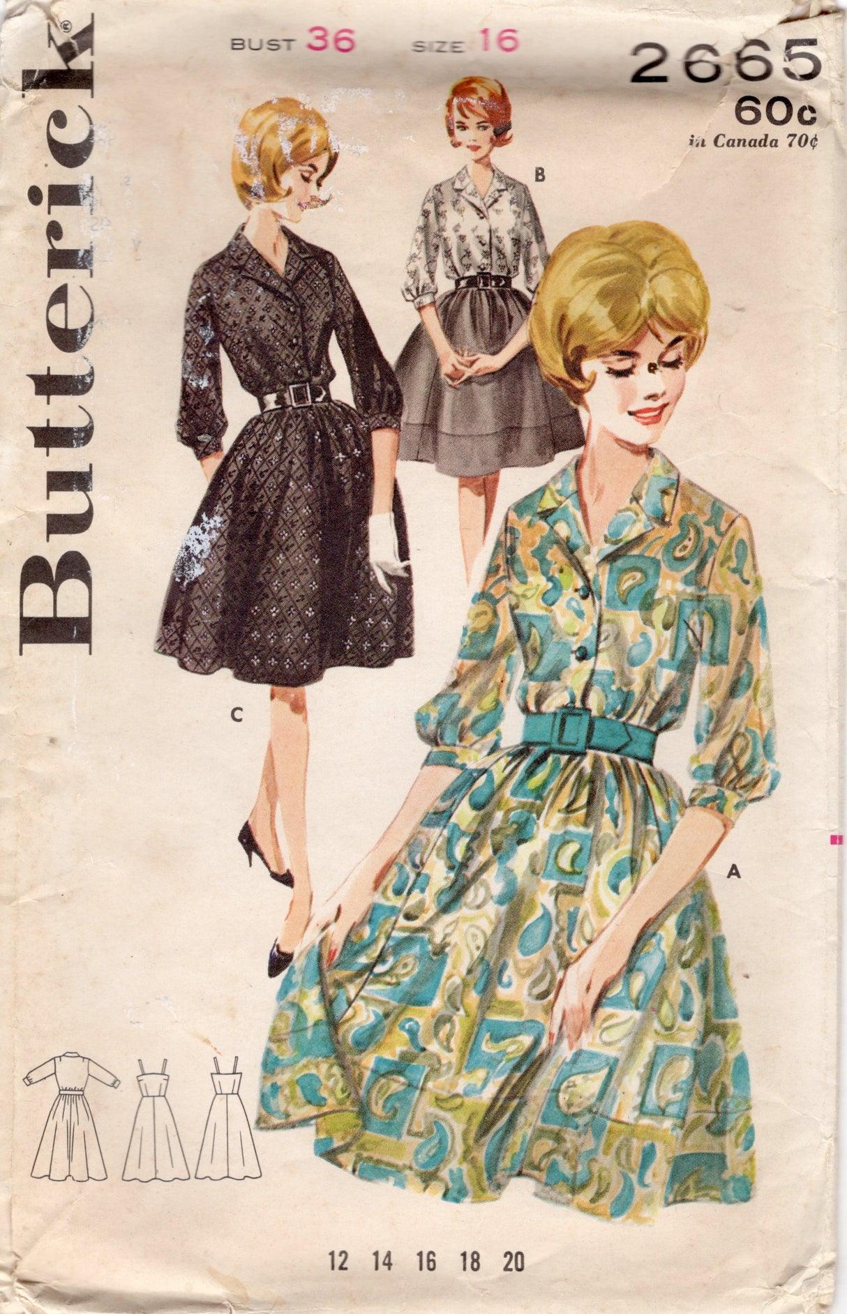 1960's Butterick Shirtwaist Dress and Slip Pattern - Bust 36" - No. 2665