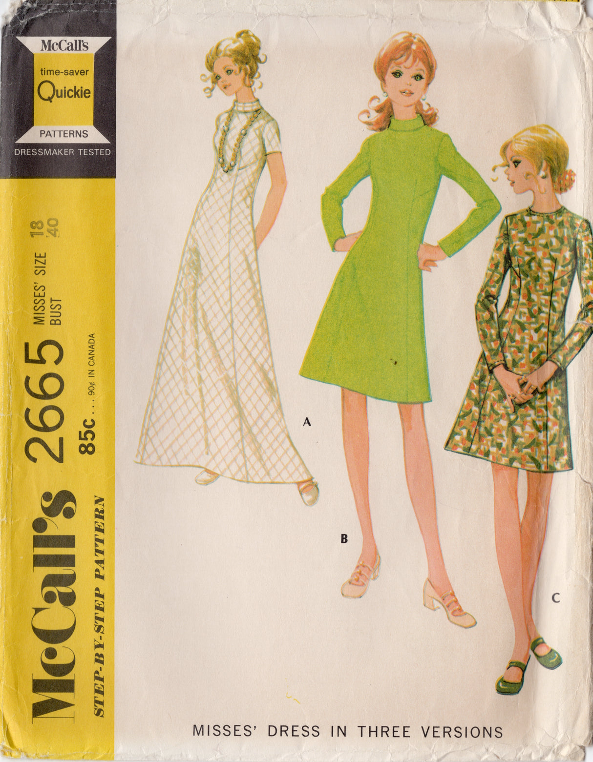 1970's McCall's Midi or Maxi Dress Pattern with Stand Collar - Bust 40" - No. 2665