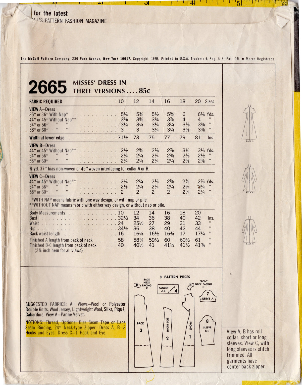 1970's McCall's Midi or Maxi Dress Pattern with Stand Collar - Bust 40" - No. 2665