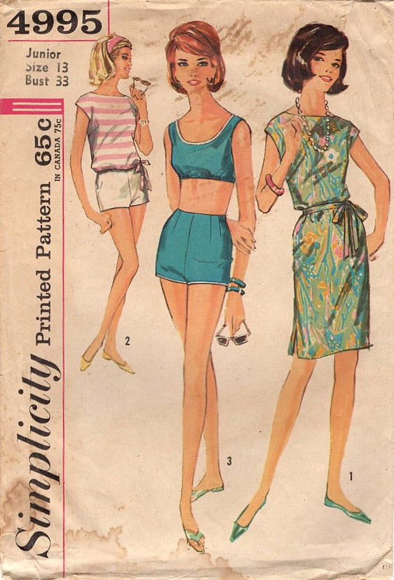 1960's Simplicity Bra Top, Shorts and Beach Dress - Bust 33" - No. 4995