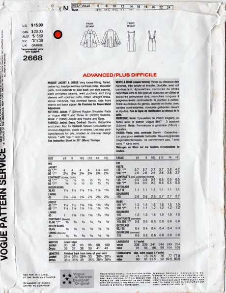 1990's Vogue Attitudes Low Cut Back Sheath Dress and Cape pattern - Bust 34-38" - No. 2668