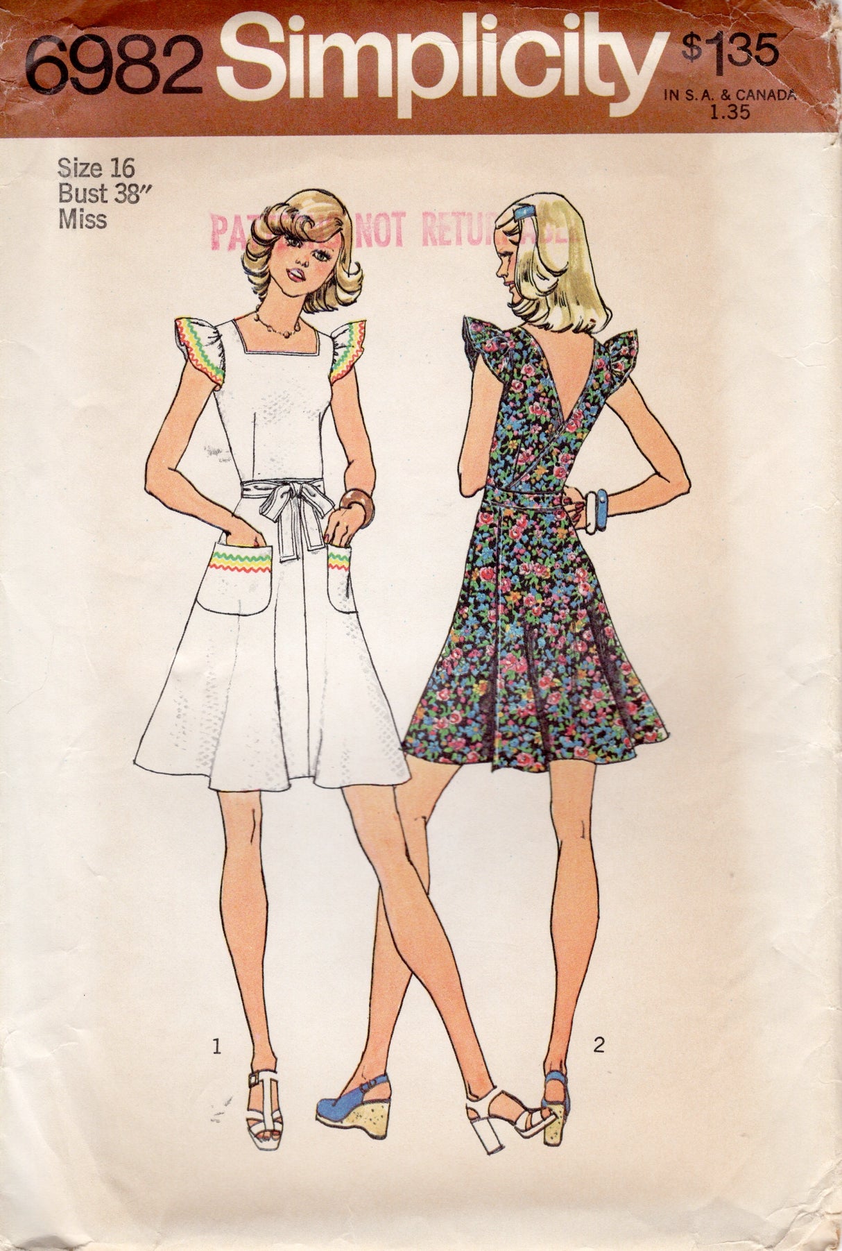 1970's Simplicity Back Wrap Dress Pattern with Ruffled Sleeves - Bust 38" - No. 6982