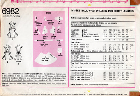 1970's Simplicity Back Wrap Dress Pattern with Ruffled Sleeves - Bust 38" - No. 6982