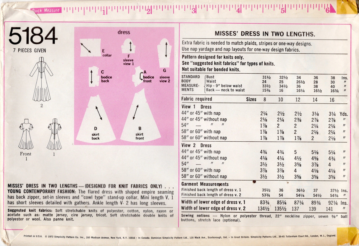 1970's Simplicity Mini or Maxi Dress Pattern with Cowl Stand Up Collar - Bust 36" - No. 5184