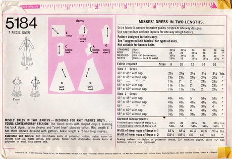 1970's Simplicity Mini or Maxi Dress Pattern with Cowl Stand Up Collar - Bust 36" - No. 5184