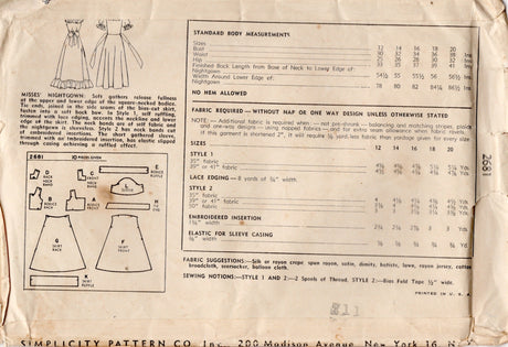 1940's Simplicity Bias Skirt Nightgown Pattern with Puff Sleeves and optional Ruffle - Bust 32" - No. 2681