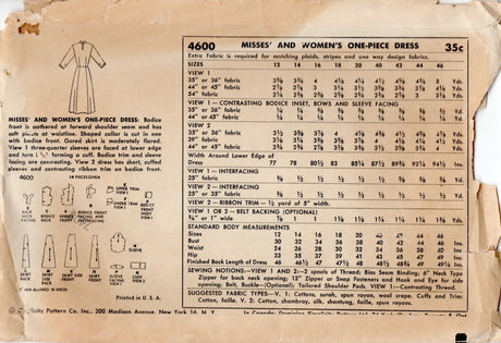 1950's Simplicity One Piece Dress Pattern with Contrasting Trim - Bust 44" - No. 4600