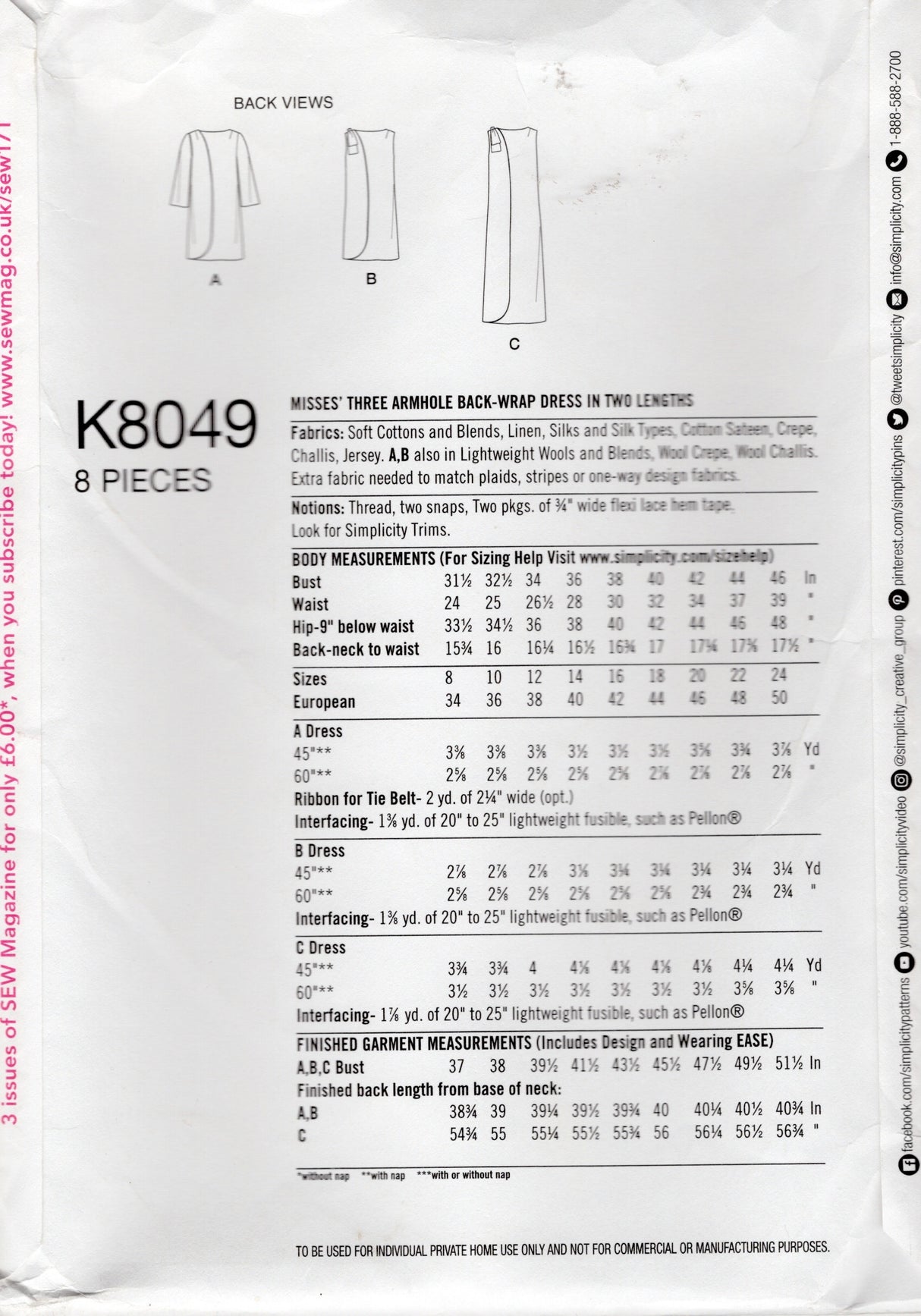 1960's Simplicity REPRODUCTION 3 Armhole Dress Pattern - Bust 31.5-38" - No. K8049