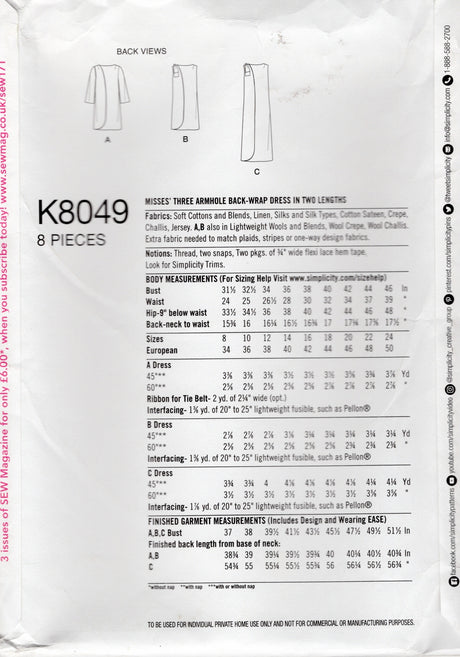 1960's Simplicity REPRODUCTION 3 Armhole Dress Pattern - Bust 31.5-38" - No. K8049