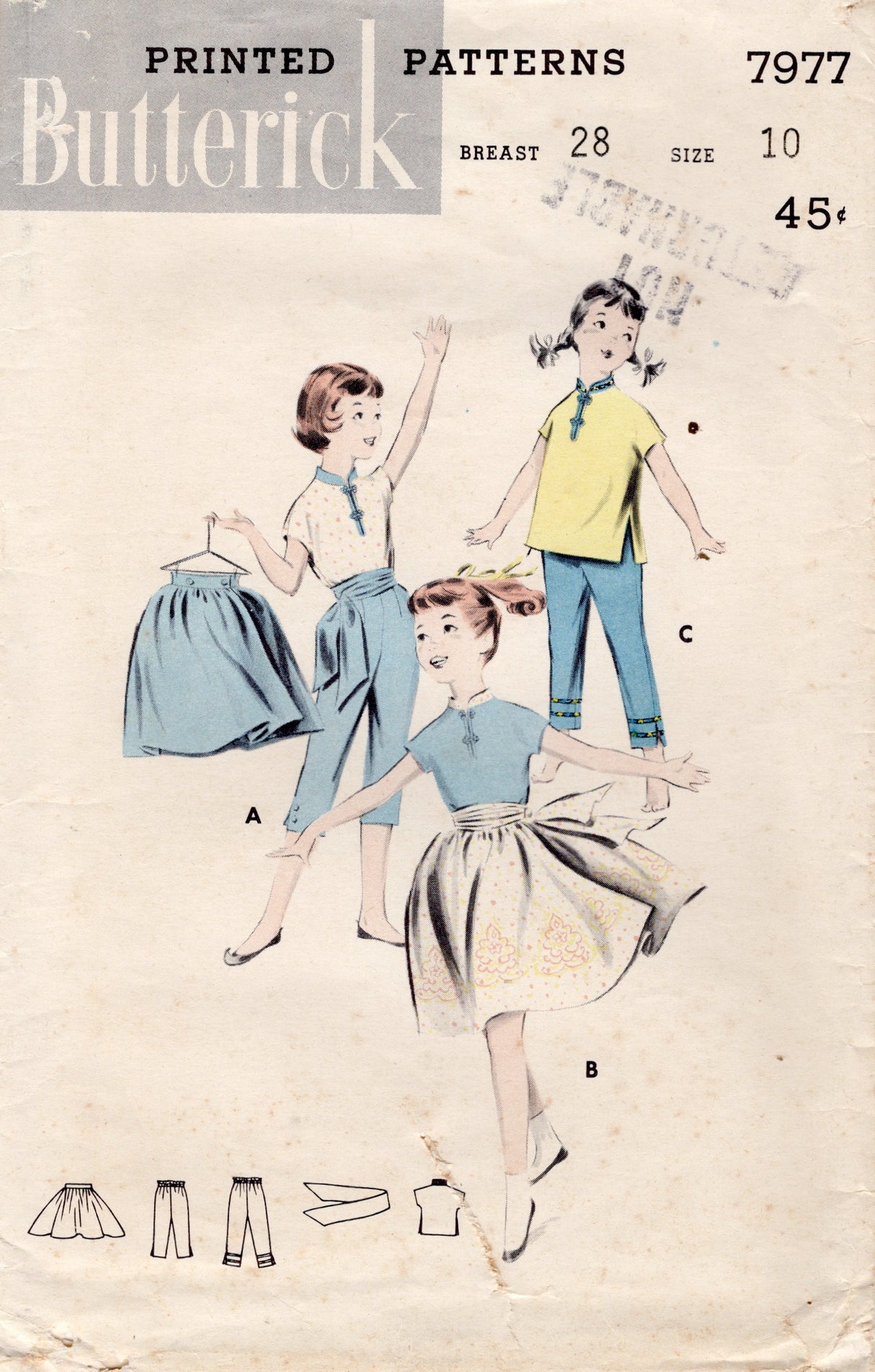 1950's Butterick Child's Button Up Shirt, Pedal Pusher Pants and Wrap Skirt Pattern - Chest 28" - No. 7977