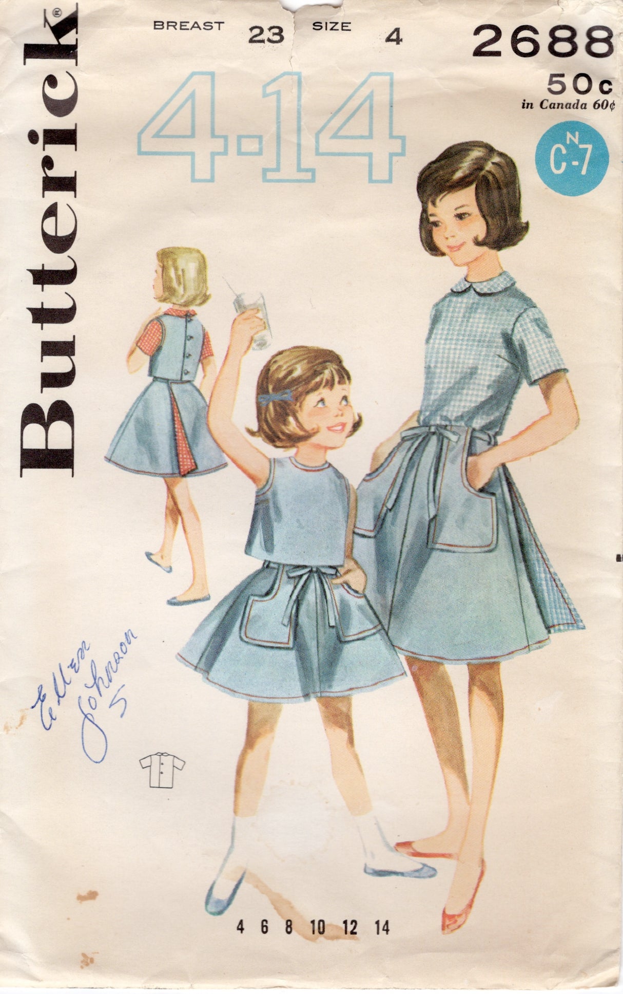 1960's Butterick Child's Button Up Shirt, Overblouse and Wrap Skirt Pattern - Chest 23-26" - No. 2688