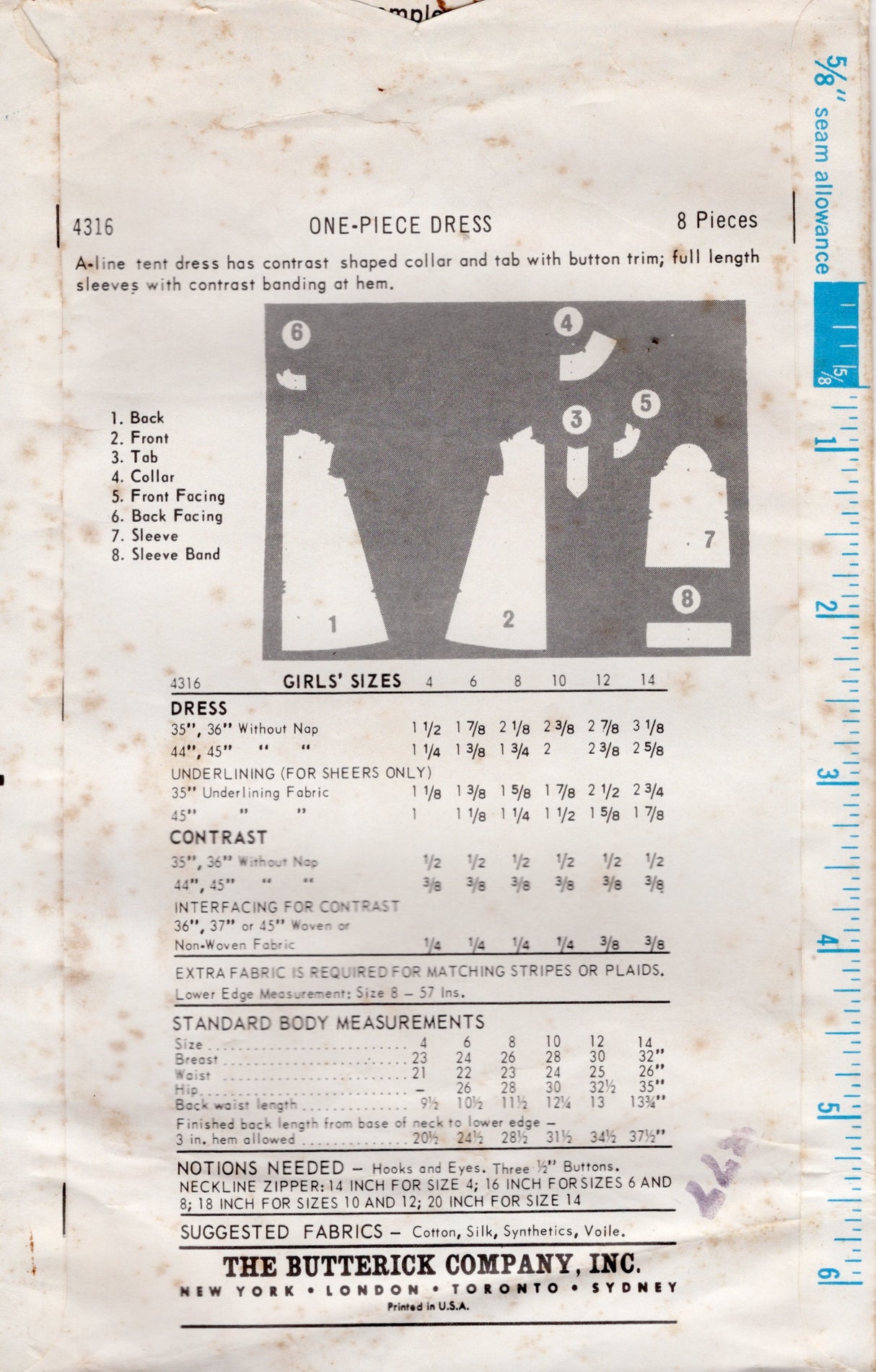 1960's Butterick Child's Collared Shift Dress Pattern - Chest 30" - No. 4316