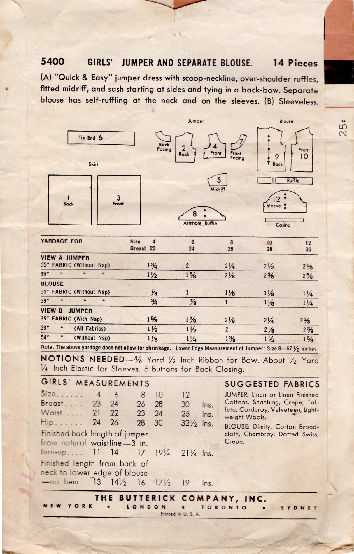 1950's Butterick Child's Fitted Waist Dress and Button Up Shirt Pattern - Chest 24" - No. 5400