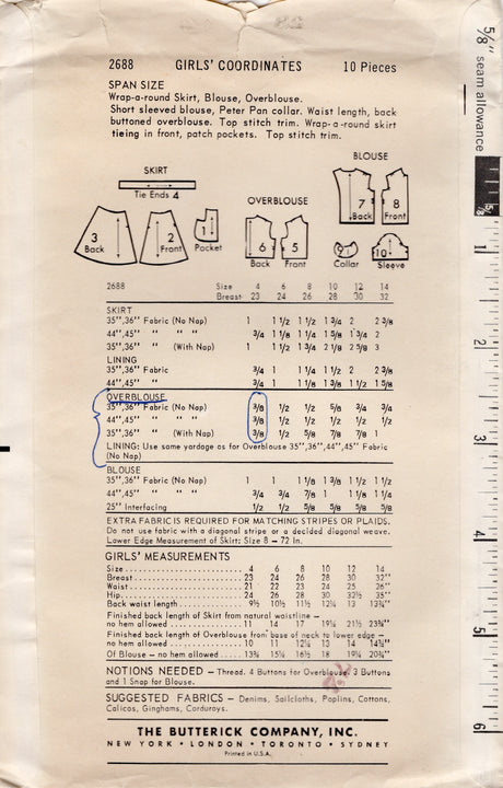 1960's Butterick Child's Button Up Shirt, Overblouse and Wrap Skirt Pattern - Chest 23-26" - No. 2688