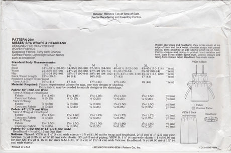 1990's Kwik Sew Spa Wraps and Headband Pattern - Bust 31.5-45" - No. 2691
