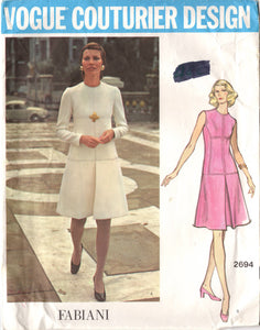 1970's Vogue Couturier Design One Piece Dress with Sectioned Front and Drop Waist - Fabiani - Bust 32.5" - No. 2694