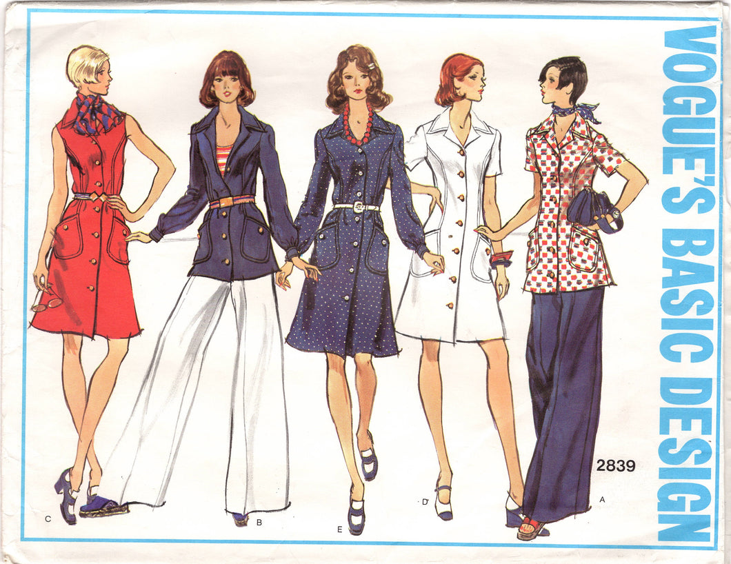 1970's Vogue Basic Princess Lines Button Up Dress Pattern and Wide Leg Pants - Bust 37