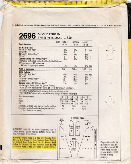 1970's McCall's Robe pattern in three lengths  - Bust 38-40" - No. 2696