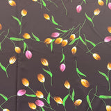 1970’s Brown with Orange and Pink Tulips Polyester Satin - BTY