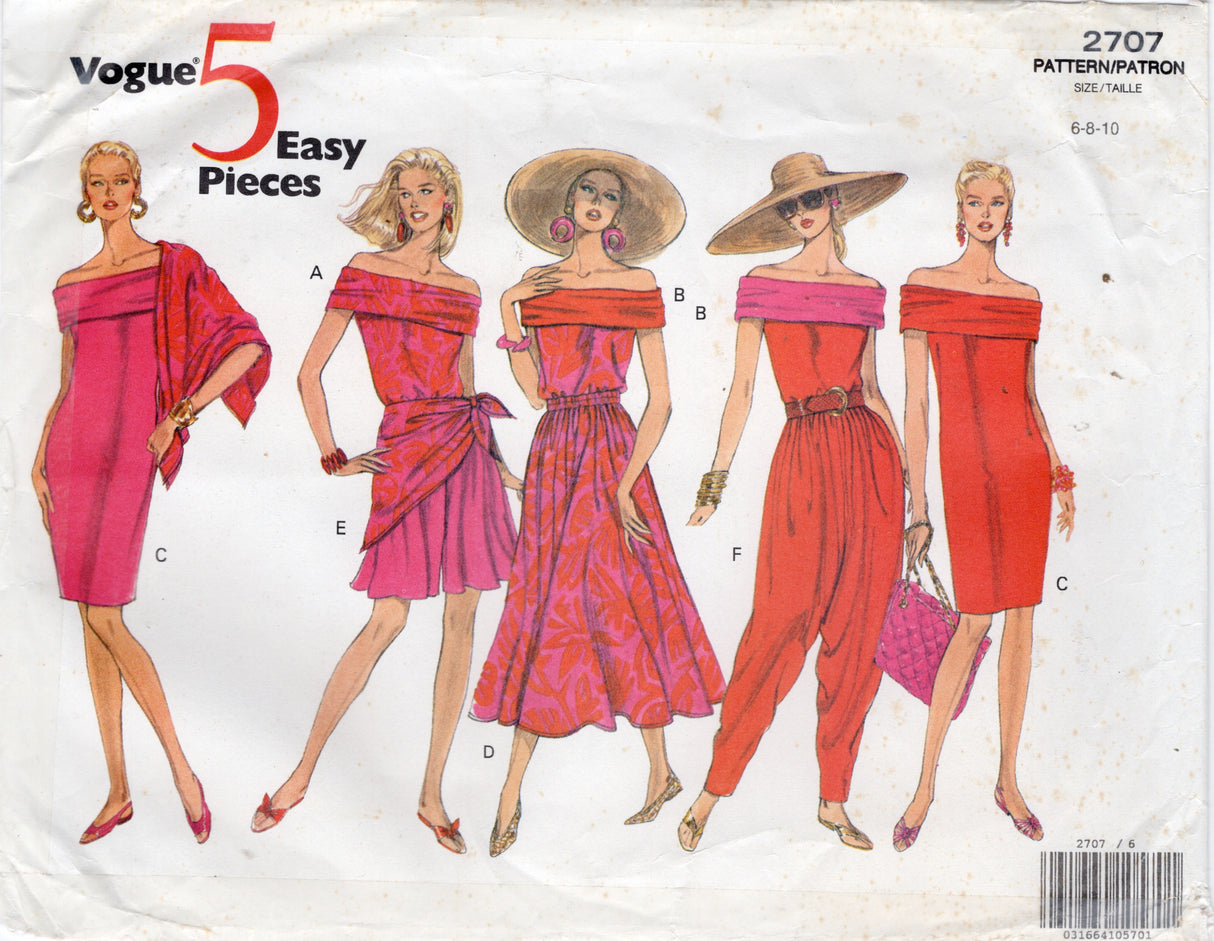 1990's Vogue 5 Easy Pieces Off the Shoulder Sheath Dress or Top, Gathered Skirt, Dropped Crotch Pants or Shorts and Scarf Pattern - Bust 30.5-32.5" - No. 2707