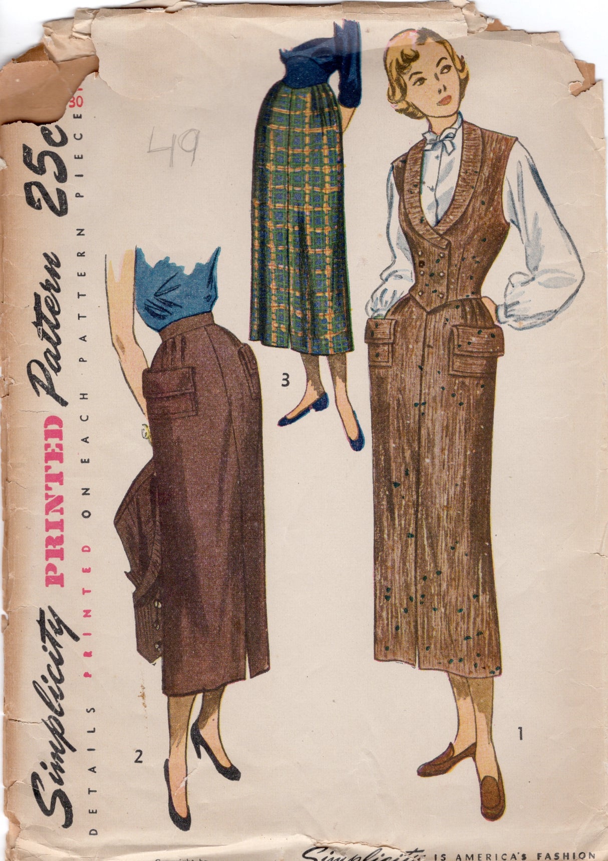 1940's Simplicity Weskit (Vest) and Skirt with Pockets pattern - Bust 30" - No. 2943