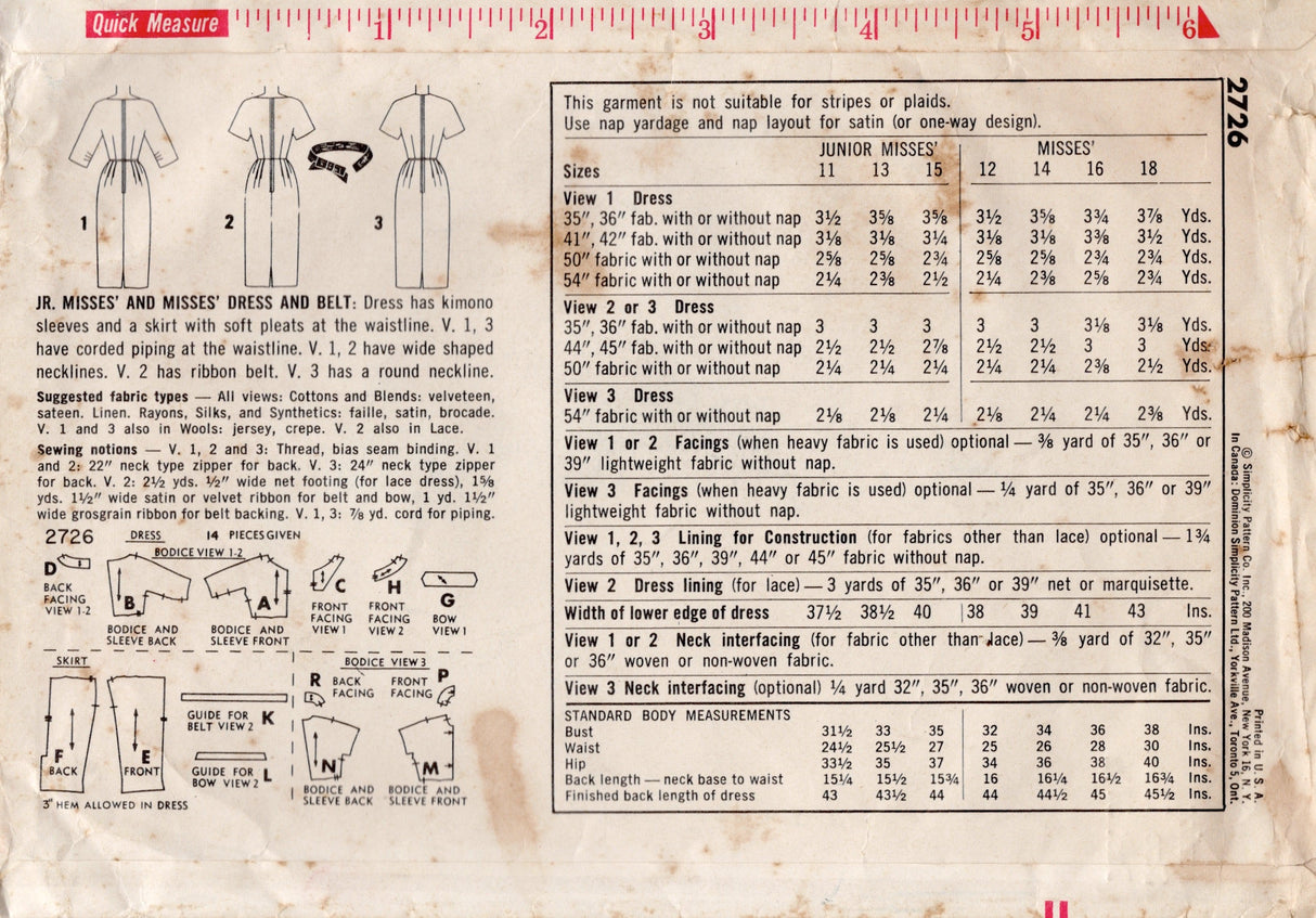 1950's Simplicity Sheath Dress Pattern with Notched, Boat or High Neckline - Bust 31.5" - No. 2726