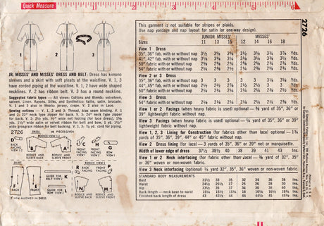 1950's Simplicity Sheath Dress Pattern with Notched, Boat or High Neckline - Bust 31.5" - No. 2726