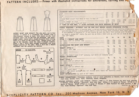 1940's Simplicity Weskit (Vest) and Skirt with Pockets pattern - Bust 30" - No. 2943