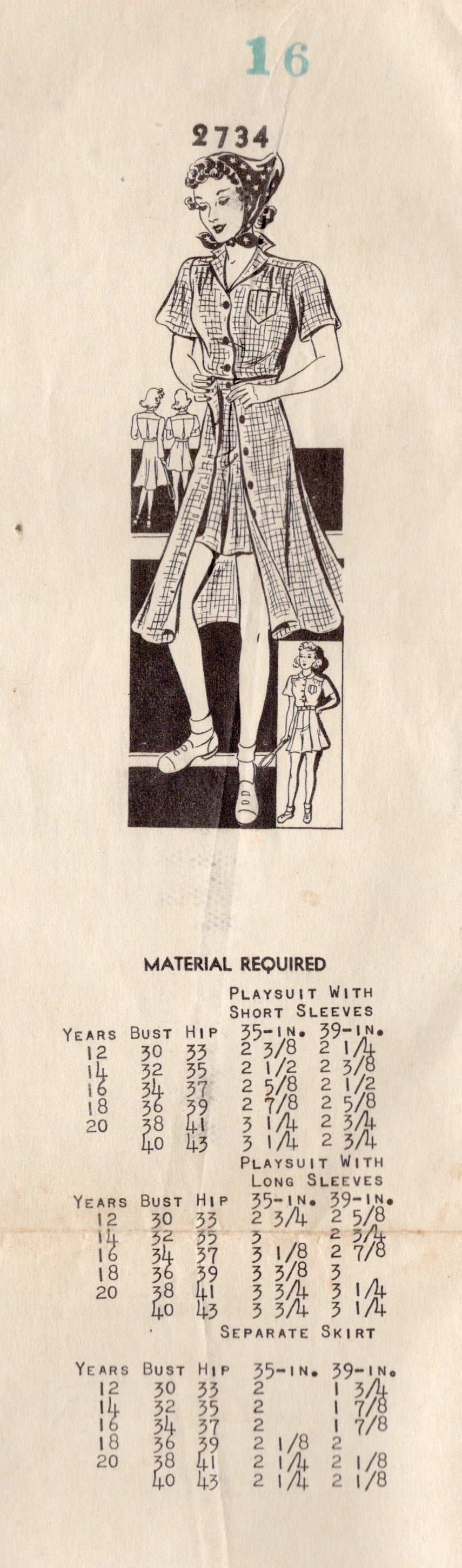 1940's Mail Order Playsuit Pattern - Bust 34" - No. 2734