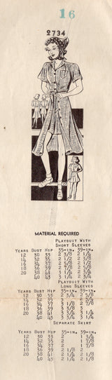 1940's Mail Order Playsuit Pattern - Bust 34" - No. 2734