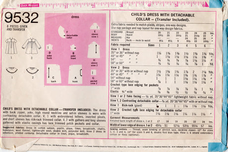 1970's Simplicity Child's Yoked Dress Pattern with transfers - 5 yrs - Chest 24" - No. 9532