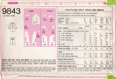 1970's Simplicity Child's Dress and Pinafore Smock Pattern - 12 yrs - Chest 30" - No. 9843