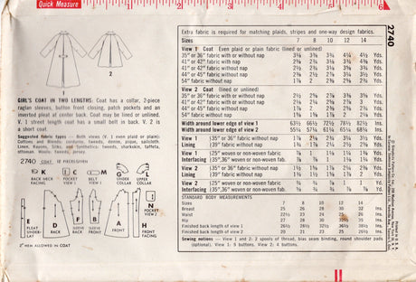 1950's Simplicity Child's Swing Coat Pattern - 10 yrs - Chest 28" - No. 2740