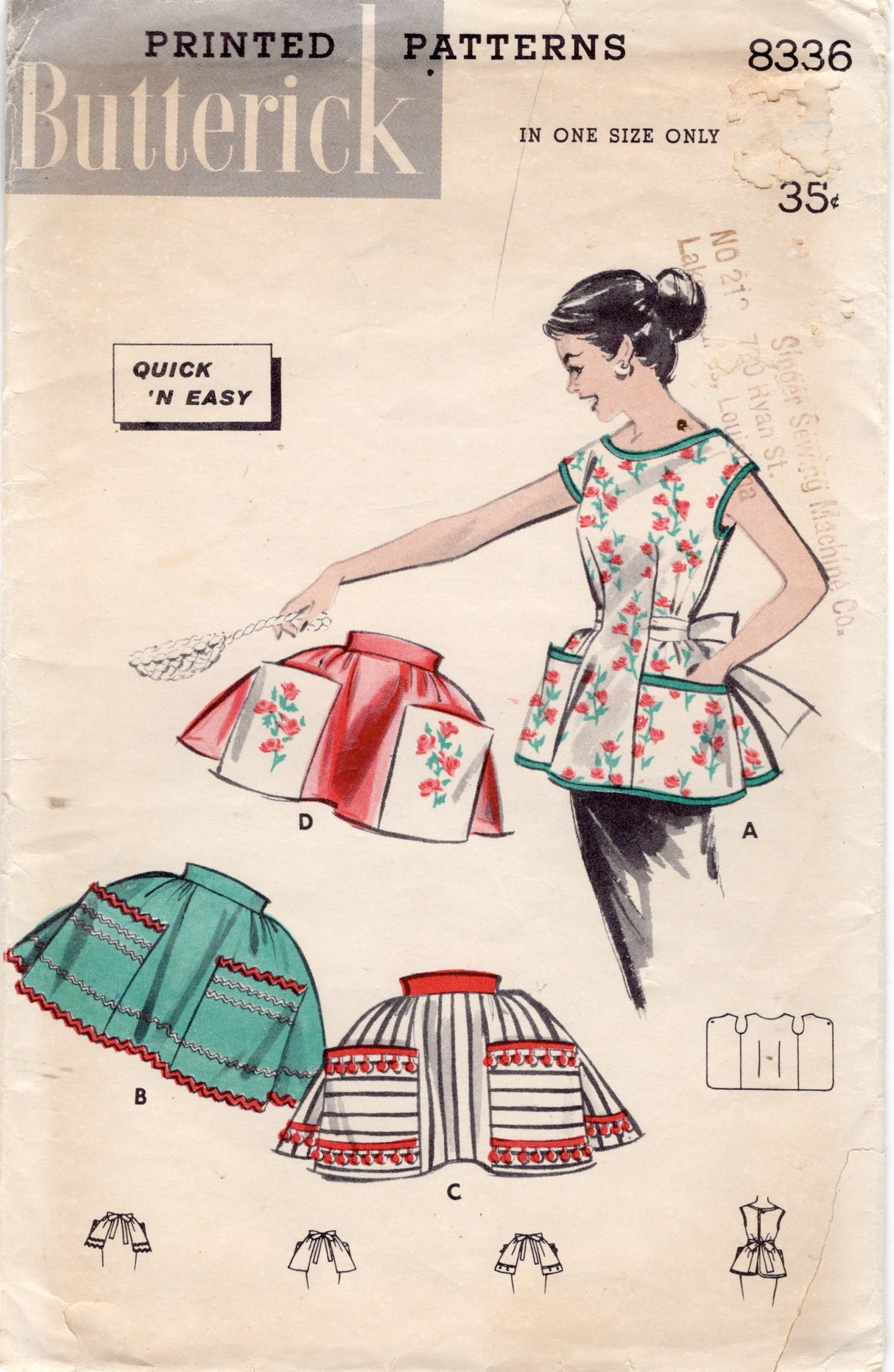 1950's Butterick Full Cobbler Apron or Half Apron Pattern - One Size - No. 8336