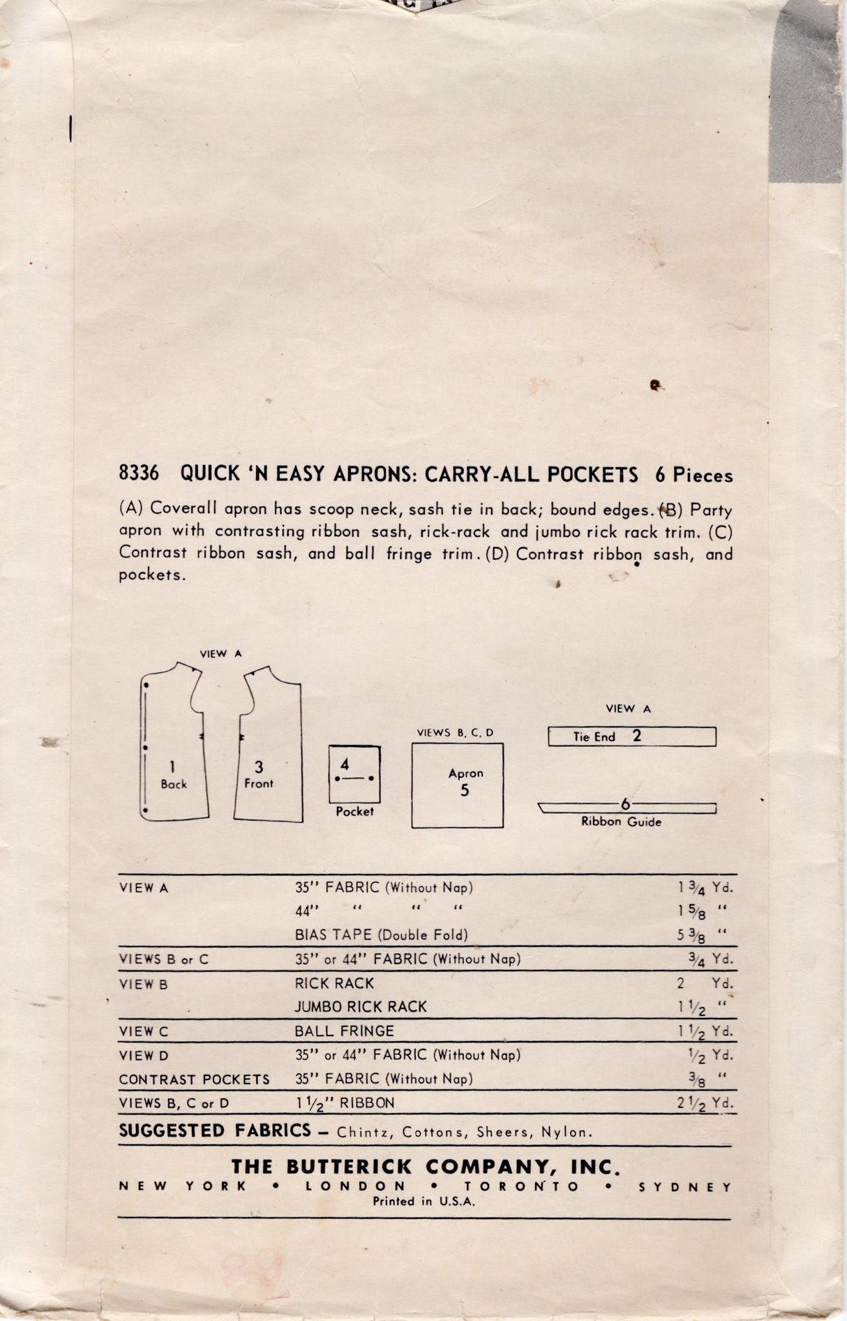 1950's Butterick Full Cobbler Apron or Half Apron Pattern - One Size - No. 8336