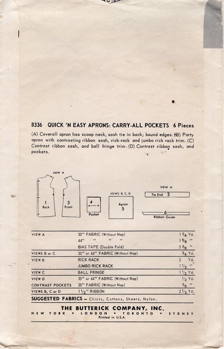 1950's Butterick Full Cobbler Apron or Half Apron Pattern - One Size - No. 8336