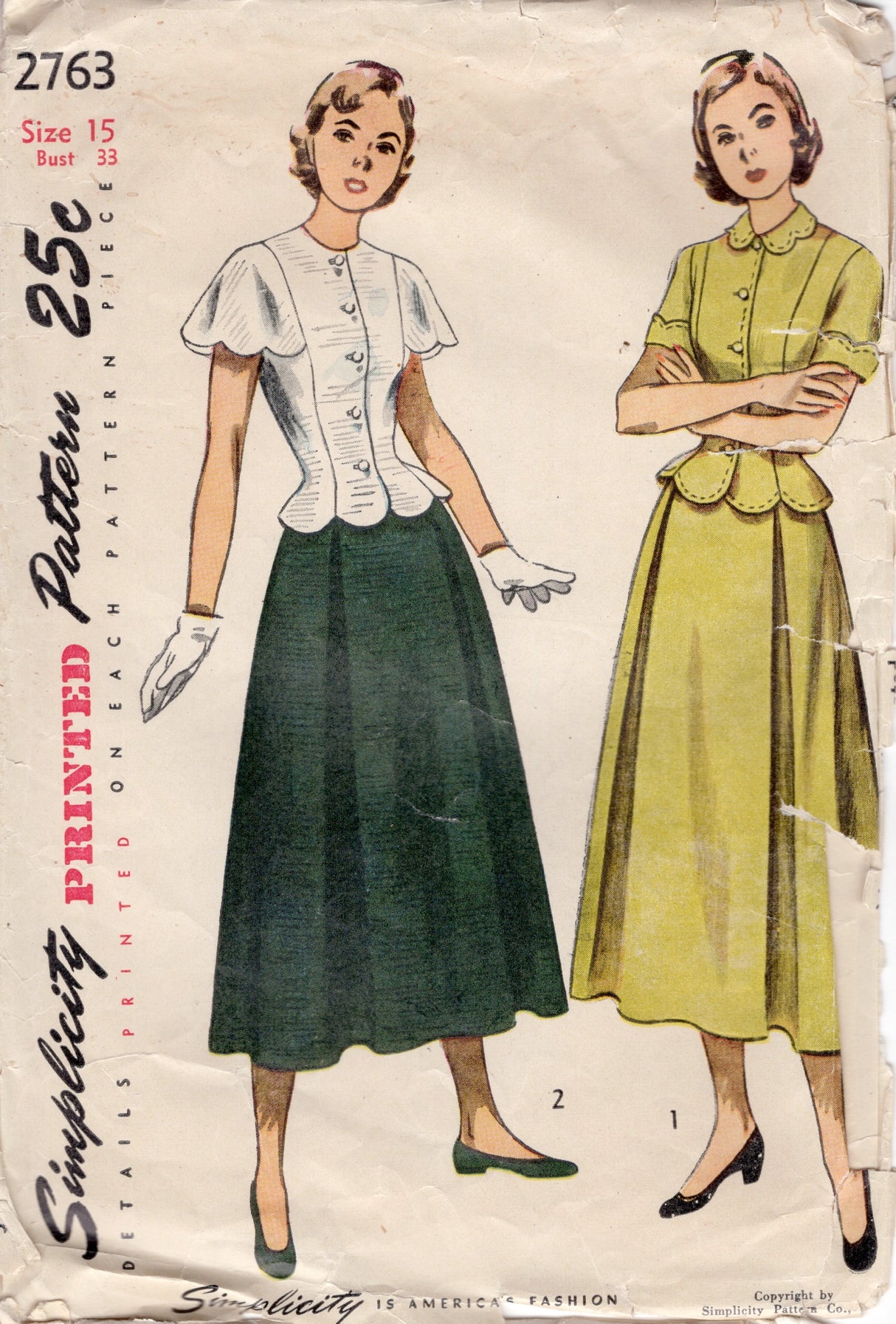 1940's Simplicity Scallop Detail Two Piece Dress Pattern with Short or Cape Sleeves - Bust 32" - No. 2793