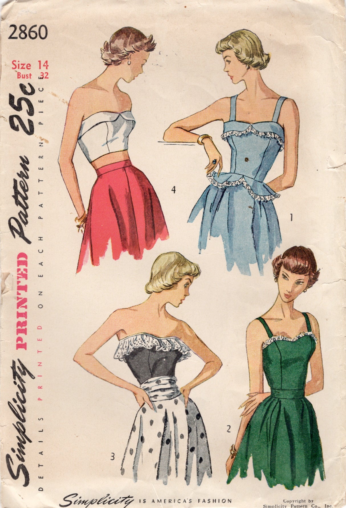 1940's Simplicity Camisole or Halter Top Pattern with or without Peplum - Bust 32" - No. 2860