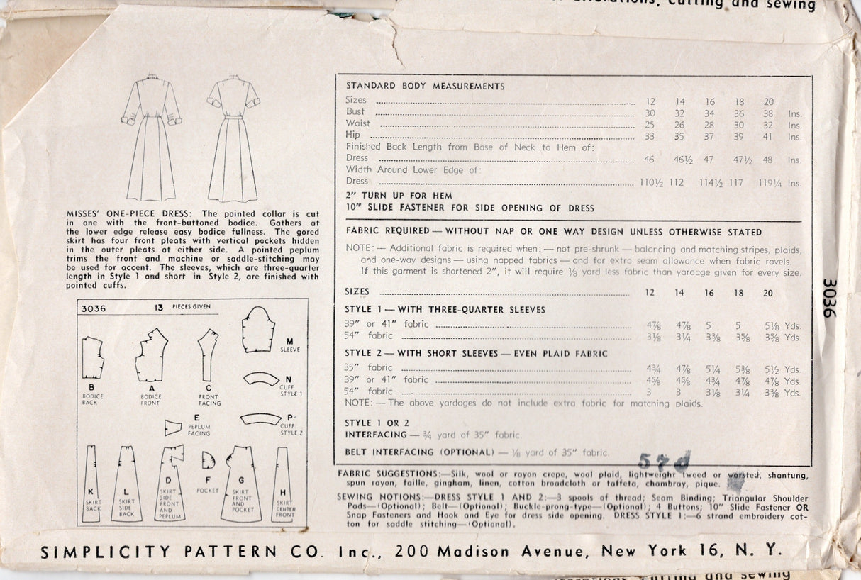 1940's Simplicity Shirtwaist Dress Pattern with Detailed Skirt - Bust 32" - No. 3036