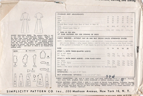 1940's Simplicity Shirtwaist Dress Pattern with Detailed Skirt - Bust 32" - No. 3036