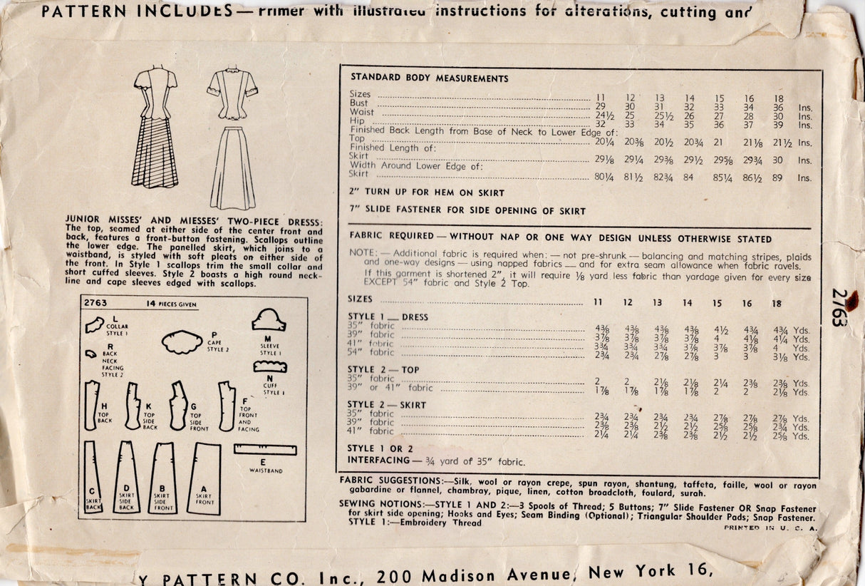 1940's Simplicity Scallop Detail Two Piece Dress Pattern with Short or Cape Sleeves - Bust 32" - No. 2793