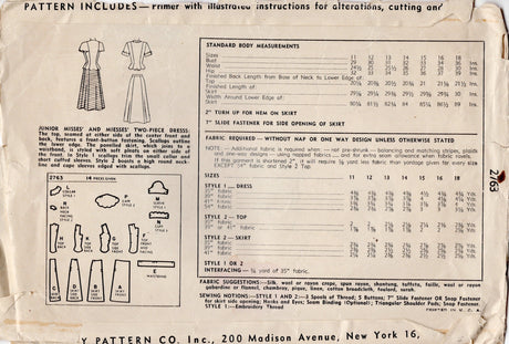 1940's Simplicity Scallop Detail Two Piece Dress Pattern with Short or Cape Sleeves - Bust 32" - No. 2793